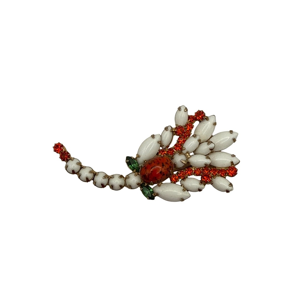 Weiss Brooch Pin White Orange Red Milk Glass Rhinestone Bug Dragonfly Lobster